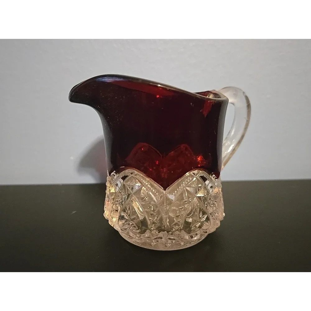 ANTIQUE EAPG GLASS CREAMER‎ RUBY DIAMOND FLASH RED TOP 2.5